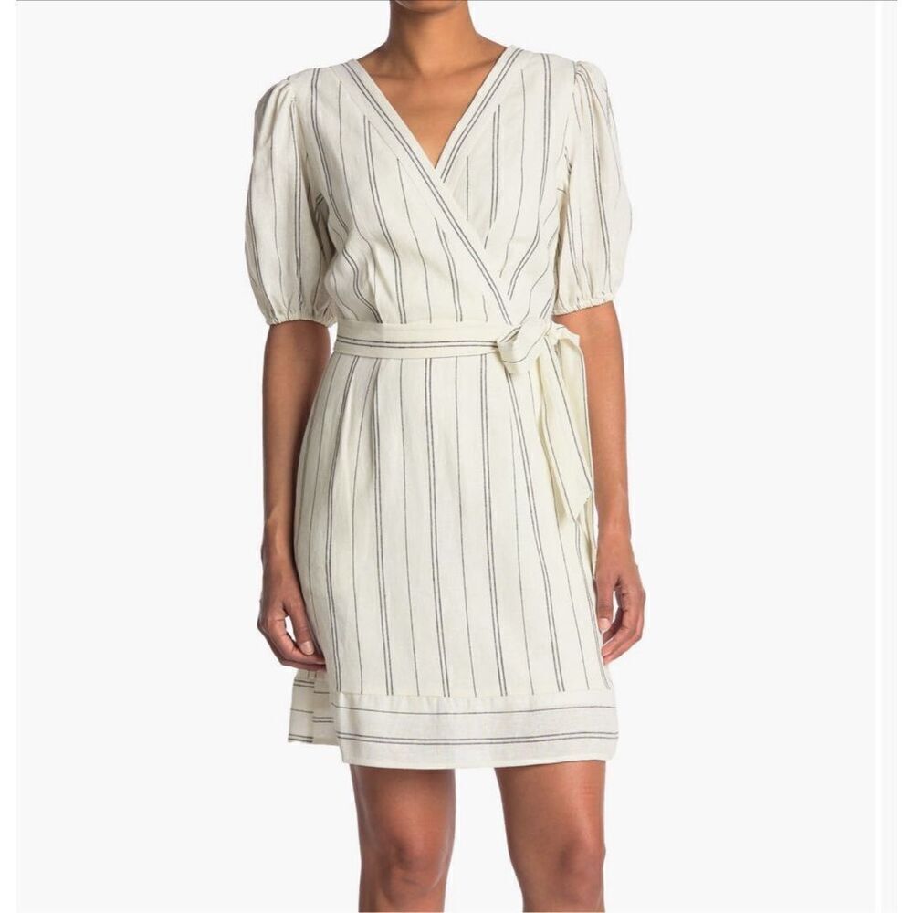 London Times petites a-line blouson puff sleeve striped linen blend dress sz 12P